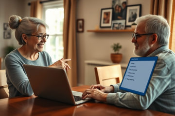 A senior couple reviewing their loan options online with ease.