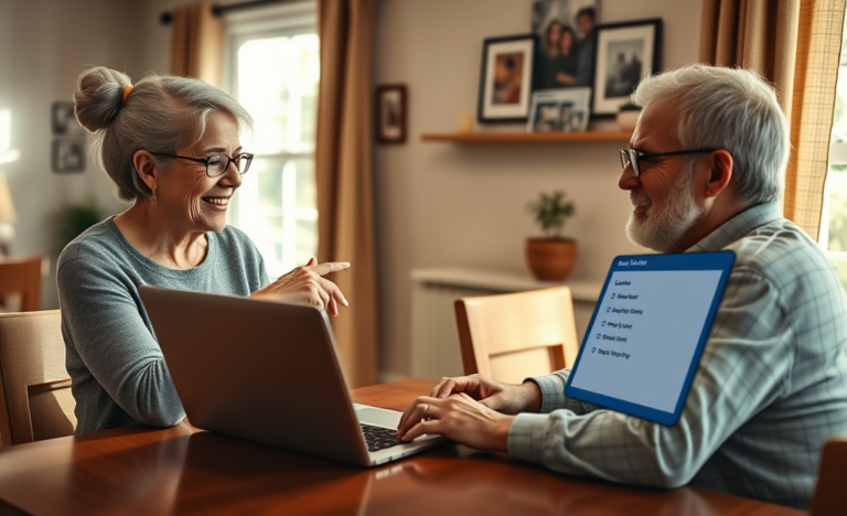 A senior couple reviewing their loan options online with ease.