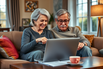 A happy senior couple reviewing financial documents together, symbolizing quick loan approval.