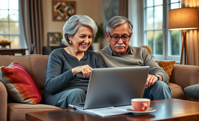 A happy senior couple reviewing financial documents together, symbolizing quick loan approval.