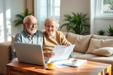 A happy senior couple discussing their loan options