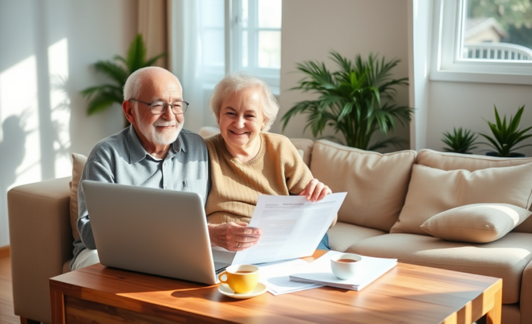 A happy senior couple discussing their loan options