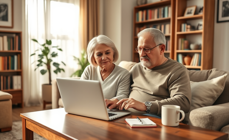 A senior couple reviewing online loan options at home