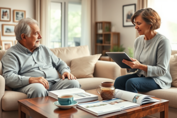 A senior couple discussing loan options at home, exploring financial assistance.