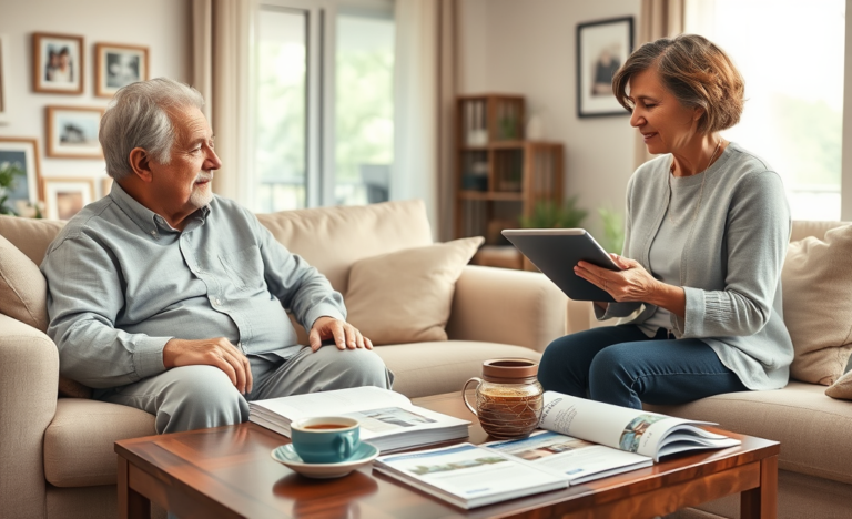 A senior couple discussing loan options at home, exploring financial assistance.