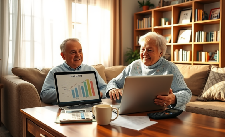 An elderly couple discussing their personal loan options to manage expenses and make special purchases.