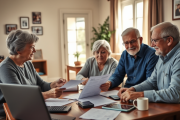 An elderly couple discussing their loan options at home.