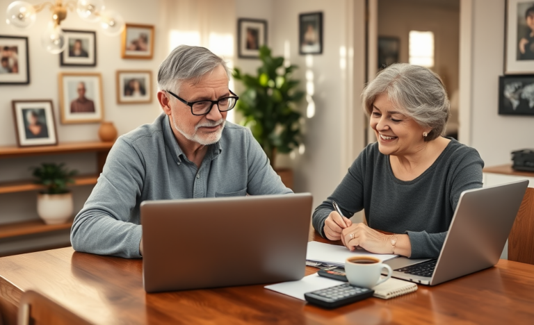 A senior couple reviewing personal loan options online.