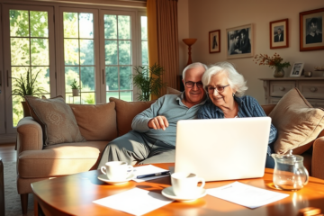 A senior couple exploring online loan options for financial support.