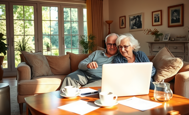 A senior couple exploring online loan options for financial support.