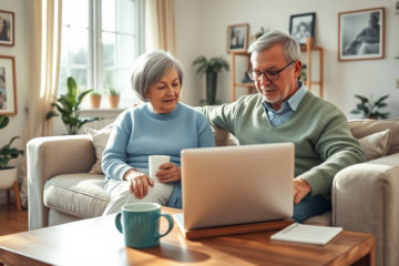 A senior couple researching personal loan options online.