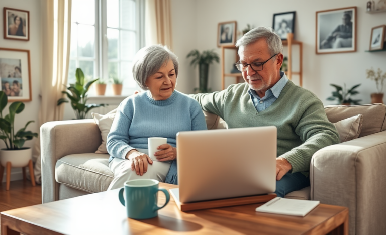 A senior couple researching personal loan options online.