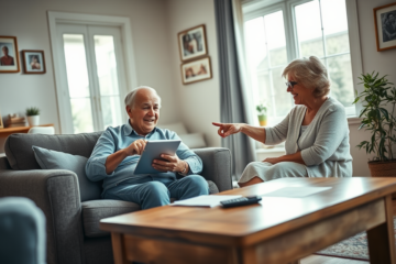 A senior couple discussing their financial options for personal loans with American Express.