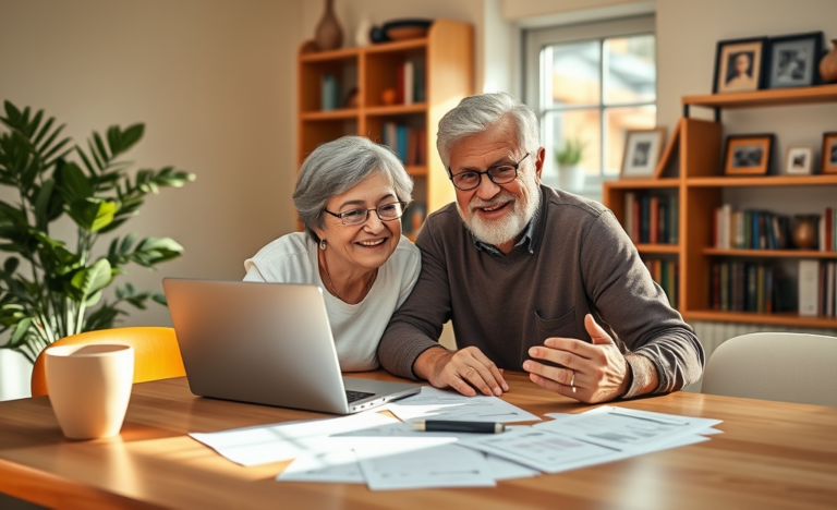 An elderly couple discussing financial options with Rocket Loans for personal loans up to $45,000.