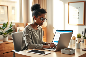 A person applying for an online loan on a laptop with documents.