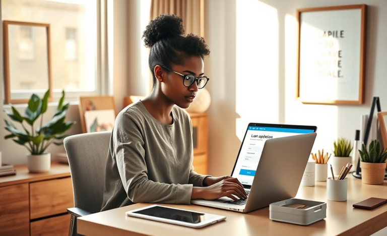 A person applying for an online loan on a laptop with documents.