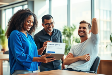 An illustration of quick loan approval process with a checklist and money symbols.