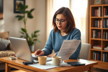 A person looking relieved while using a calculator for budgeting, representing the concept of quick loans to solve financial problems.