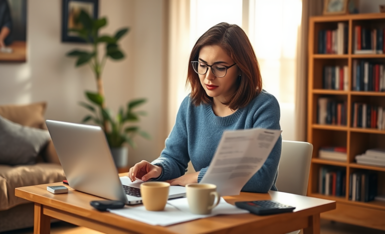 A person looking relieved while using a calculator for budgeting, representing the concept of quick loans to solve financial problems.