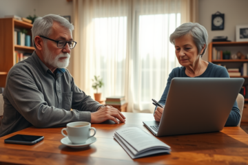 A senior happily using a laptop for a quick loan request online.