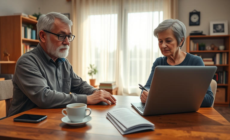 A senior happily using a laptop for a quick loan request online.