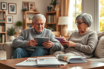 A senior couple reviewing their loan options at home.