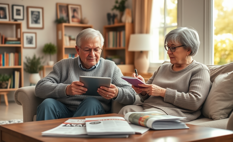 A senior couple reviewing their loan options at home.